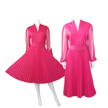 Vintage Pleated Cocktail Dress, Large XL / Bright Pink Party Dress / Flared Midi Dress with Sheer Chiffon Sleeves / 70s Pleated Swing Dress 