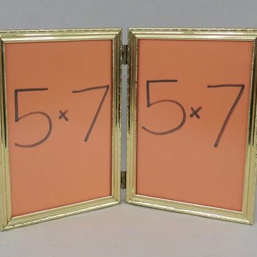 Vintage Hinged Double Picture Frame - Gold Tone Metal w/ Non-Glare Glass - Holds Two 5