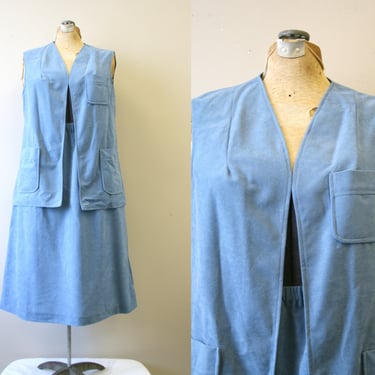1970s Marty Gutmacher Blue Velour Vest and Skirt Set 