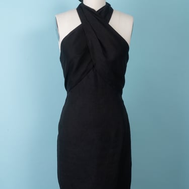 Stunning 80s Victoria Falls Black Linen Wrap Halter Dress Collectible 