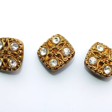 1930s Ornate Black Glass Gold Luster Glass Stone Square Buttons - Set of Three 