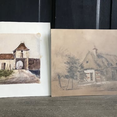 French Chateau Art, Watercolor, Drawing, Original Artwork, ca 1900s, Set of 2 