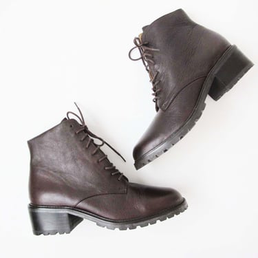 Vintage 90s Dark Brown Leather Lace Up Lug Sole Heeled Boots 8.5 Unworn Jones New York - Grunge 90s Shoes 