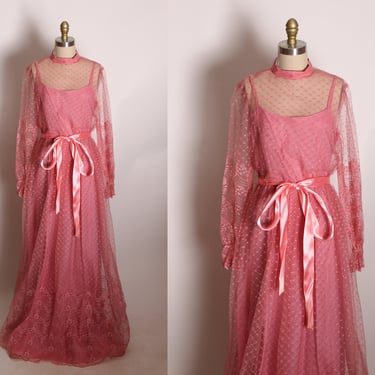 1970s Dusty Rose Pink Sheer Lace Long Sleeve Full Length Formal Prom Pageant Dress -XS 