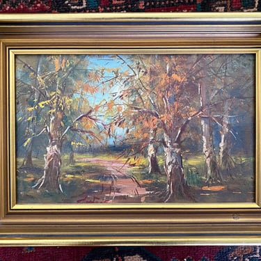 Framed fall landscape oil painting. Original woodland scene signed by Benezit listed artist Gyula Metykó c. 1980 