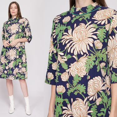 L| 60s Floral Chrysanthemum Print Shift Dress - Large | Vintage Boho 3/4 Sleeve Knee Length Midi Dress 
