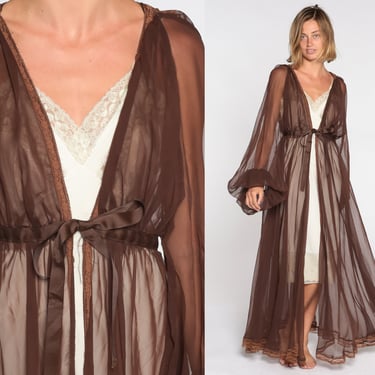 Long Brown Robe 70s Sheer Lingerie Jacket Balloon Sleeve Lace Trim Kimono Robe Boho Maxi Glam Peignoir Bohemian 1970s Vintage Medium Large 