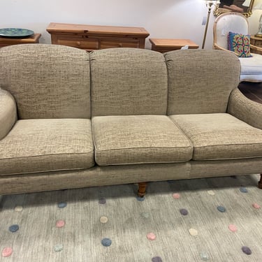 Three Cushion Brown & Cream Sofa on Wood Legs