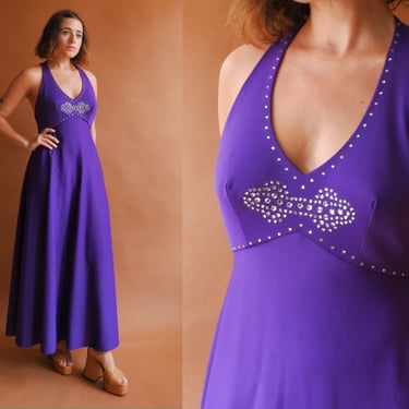 Vintage 70s Rhinestone Halter Dress/ 1970s Disco Studded Purple Maxi Dress/ Size Small 