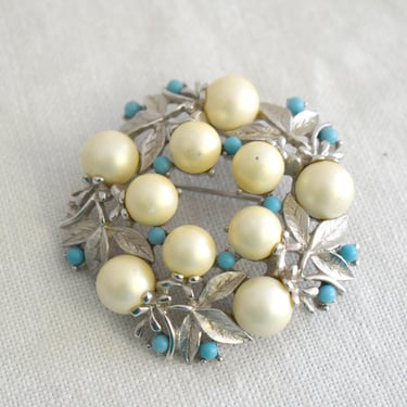 1960s Sarah Coventry Faux Pearl and Turquoise Wreath Brooch 