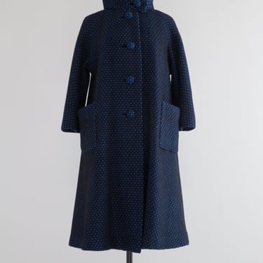 Fabulous Early 1960's Black &amp; Blue Wool Swing Coat / OS