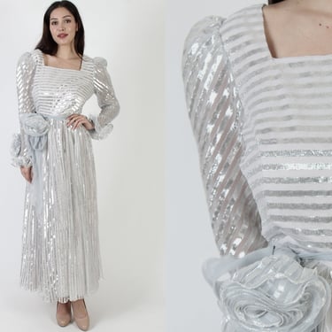Silver Metallic Avant Garde Ruffle Maxi Dress, Shiny Vintage 70s Matching Belt, Cocktail Prom Party Long Formal Gown 