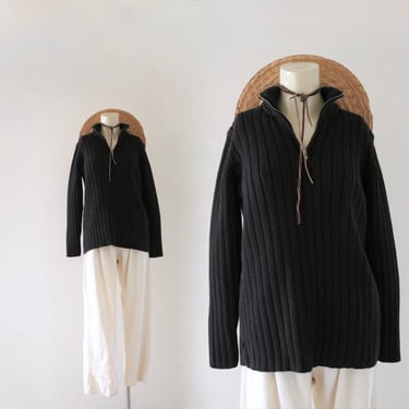 black zip front ribbed sweater - m - vintage y2k womens size medium Ralph Lauren turtleneck mocneck pullover top 