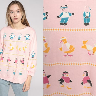 Cat Sweatshirt 80s Penguin Panda Sweater Baby Pink Graphic Sweatshirt Animal Sweatshirt Duck Vintage 90s Oversized Pastel Extra Large xl 