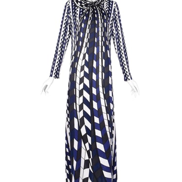 Roberta di Camerino Vintage 1978 Blue Black White Op Art Trompe L'oeil Maxi Dress