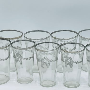 Vintage Etched Water and Juice Glasses Tumbler Set of 9 Swag Pattern Silver Rims Elegant Dining Glassware 