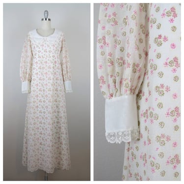 Vintage 1970s maxi length prairie dress, flocked floral, peter pan collar, calico print 