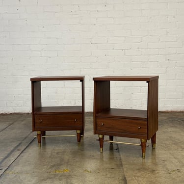 Walnut and Brass Mid Century Nightstands- Pair 