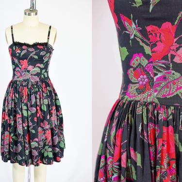 Vintage 1990s Souleiado French Cotton Dark Floral Dress | XS/S 