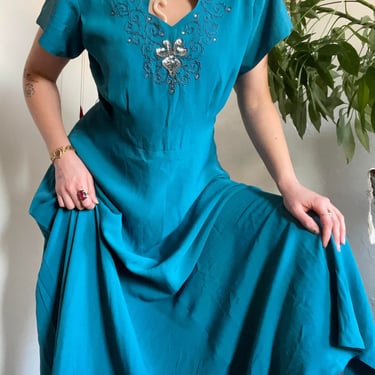 1940s Aqua Blue Gown with Soutache Embroidery and Sequin Beading size Medium Large 