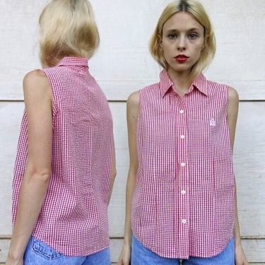 Vintage 90s Bugle Boy for Her Red + White Mini Checkered Gingham Collared Button Up Summer Tank Top Blouse S 