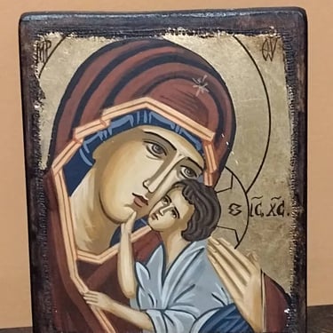 Hand Painted Liviu Balâc Virgin Mary With Child Jesus on Wood Byzantine Art 5x6 
