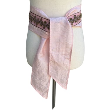 Vintage Womens Silk Pink Embroidered Metallic Beaded Sash Wrap Belt Tie Obi ML