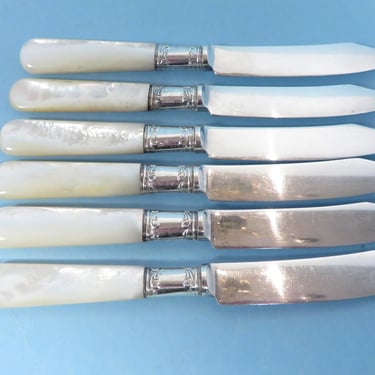 Vintage Northampton Cutlery Mother Of Pearl Sterling Silver Band Stainless Blade Fruit Knives 