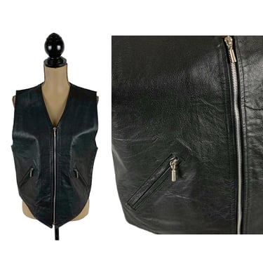 90s Vintage Black Leather Vest, Zip Up Waistcoat, Biker Punk Goth, 1990s Clothes from Paragraff Clothing Co - Chest 40 inch Bust 