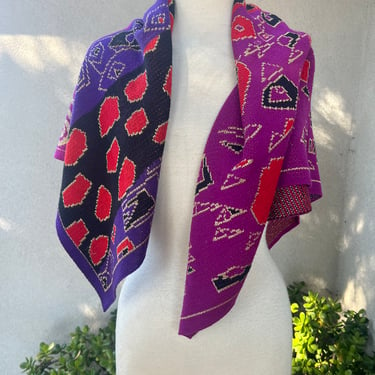 Vintage 80s large square knit wool blend thick scarf wrap geometric metallic purples Adrienne Vittadini 