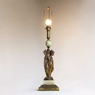 The Three Graces Mid Century Table Lamp Base 1970's Deknudt Belgium Hollywood Regency Brass Onyx Light Desk lamp Godess Caryatids Cariatides 