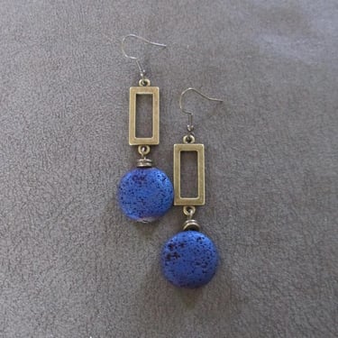 Blue stone and bronze modern earrings 