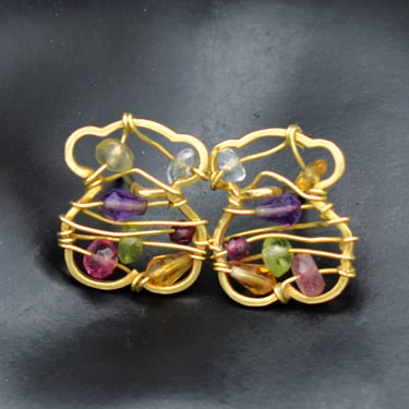 Vintage Tous 18k gemstone bear studs, 750 yellow gold wire wrapped gems Garabato collection earrings 