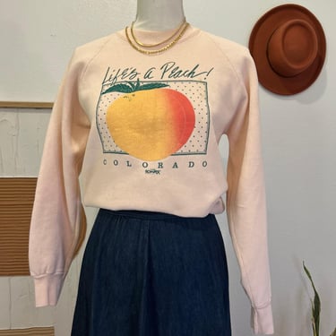 Vintage 1986 Colorado Peach Graphic Pink Cotton Crewneck Pullover Sweatshirt 