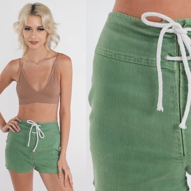 70s Green Shorts High Waisted Hotpants Mod Shorts Drawstring Pin Up Hot Pants High Rise Short Shorts Vintage 1970s Extra Small xs 24 
