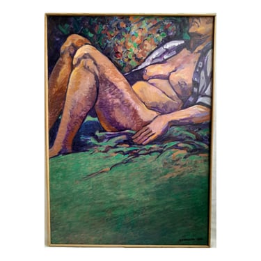 1999 "Woman on Green Sheet" Anthony Ferarra Vintage Expressionist Figurative Nude Oil Painting 