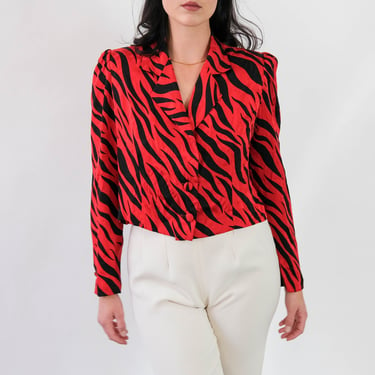 Vintage 80s Julie Francis Red & Black Jacquard Zebra Print Bold Shoulder Cropped Silk Blouse | 100% Silk | 1980s Designer Bolero Style Top 