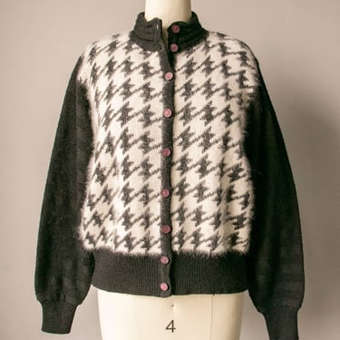 1980s Sweater Angora Houndstooth Cardigan Fuzzy S 