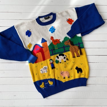 embroidered sweater | 80s 90s vintage Claver farm horse pig dog country novelty hand knit cottagecore streetwear art to wear sweater 