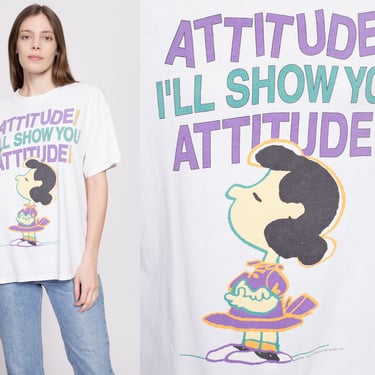 90s Peanuts Lucy Attitude T Shirt - Men's Medium, Women's Large | Vintage White Charles Schulz Comic Strip Graphic Tee 
