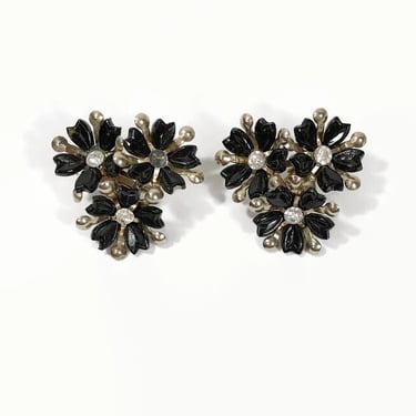 VINTAGE 50s Triple Flower Cluster Clip On Earrings Black Enamel and Gold Metal | 1950s Costume Jewelry Retro MCM Jewelry Gift | VFG 