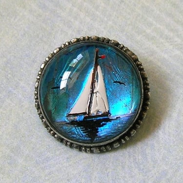 Beautiful Vintage Butterfly Wing Pin With Hand Painted Sailboat, Old Butterfly Wing Pin With Boat Scene, Old Butterfly Wing (#4641) 