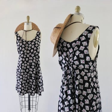 botanical tie back dress - m - vintage 90s y2k black floral size medium womens short mini minimal boho cute cottage 