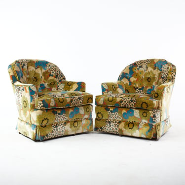 Jack Lenor Larsen Style Mid Century Velvet Floral Swivel Lounge Chairs - A Pair - mcm 