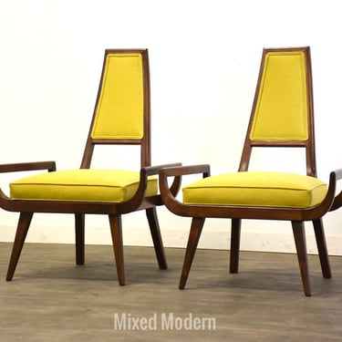 Walnut Yellow Lounge Chairs - A Pair 