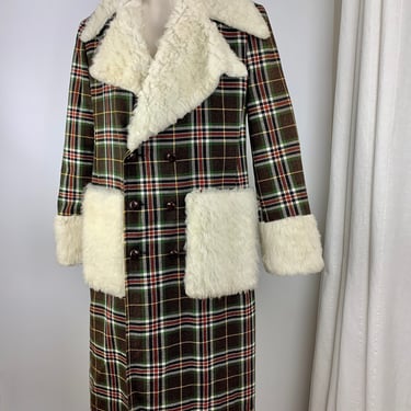 1970'S Pimp Jacket - Faux Fur & Wool Plaid - Austin Powers Style - Fully Lined - NOS Dead-Stock /-Men's Size Large 