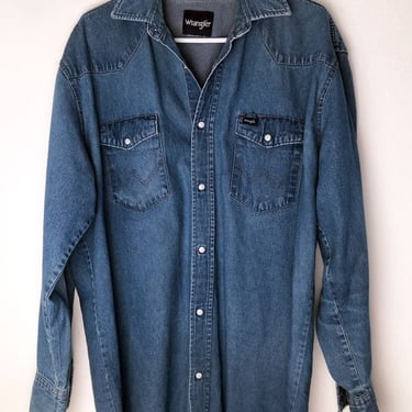 Wrangler Pearl Snap Mens Shirt, Adult XL , Blue Jean Denim, Long Sleeve, Vintage Jacket, Western Work Shirt Jacket Button Down Oxford 