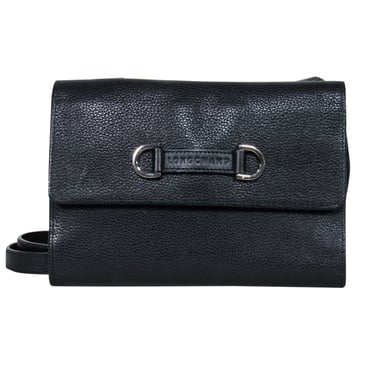 Longchamp - Black Pebbled Leather Wallet Crossbody Bag