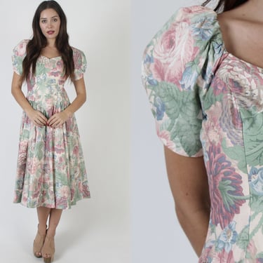 Romantic House Of Bianchi Dress / Delicate Floral Rose Print Prairie Outfit / Womens 1970s Garden Bias Cut Maxi Dress 
