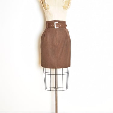 vintage 80s pencil skirt brown high waisted wide belt belted narrow mini skirt S clothing 